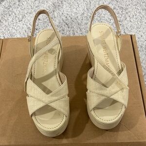 Stuart Weitzman Cream Cross-Strap Wedges